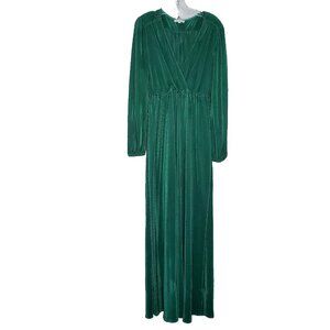 Baltic Born Satin Maxi Dress L Green Accordion Pleated V Neck Elastic Empire